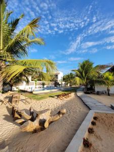 uma praia de areia com palmeiras e um banco de madeira em Condomínio Shalom Beach em Canoa Quebrada