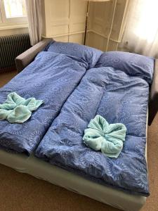 a blue bed with two pillows on top of it at Ferienwohnung Rothorn Meiringen in Meiringen