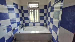 a blue and white bathroom with a tub and a window at Hotel Himsagar in Pemayangtse