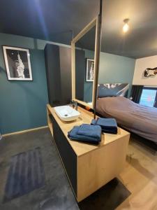a bathroom with a sink and a bed with a mirror at Maison de vacances la Grange 20 min de namur in Villeret