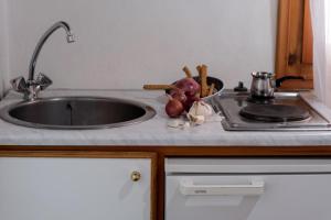 a kitchen counter with a sink and fruits and vegetables at Krinos apartment 4 in Kharadhiátika