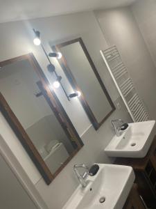 een badkamer met 2 wastafels en een spiegel bij Premium Home 23 in Wenen
