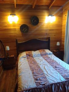a bedroom with a bed with wooden walls and two lights at CARELHUE GUAZU 1 in Villa Paranacito