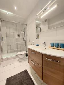 ein Bad mit einem Waschbecken, einem WC und einer Dusche in der Unterkunft Apartment Graz Murpromenade in Graz
