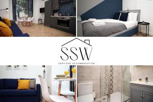 un collage de cuatro imágenes de un dormitorio y una habitación en Great for work,study,leisure stay-FREE Parking SSW, en Swansea