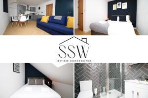 un collage de fotos de un dormitorio y una sala de estar en Great for work,study,leisure stay-FREE Parking SSW, en Swansea