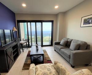 a living room with a couch and a tv at Hillsboro Suites & Residences Condo Hotel, St Kitts in Basse Terre Town