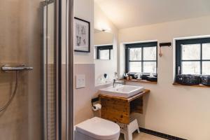 a bathroom with a sink and a toilet and a shower at Altsächsischer Gasthof Kleines Vorwerk in Sayda