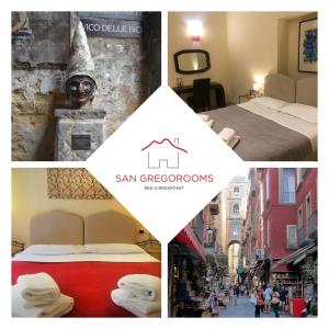un collage di quattro foto di una camera d'albergo di SanGregoRooms a Napoli
