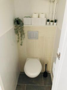 a bathroom with a toilet with plants on a shelf at Cosy nest from 10 minutes PARIS centre in Saint-Ouen