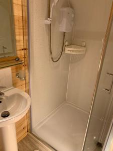 a shower with a glass door next to a sink at The Burrow - Sleeps 4 in Burnfoot