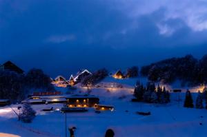 a resort in the snow at night at Borgo Stalle in Prato Nevoso