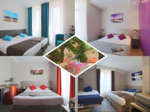 a collage of four pictures of a hotel room at Hôtel de la Fontaine in Nice