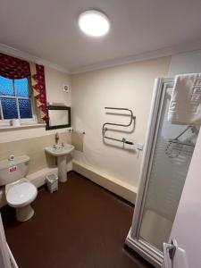 La salle de bains est pourvue de toilettes, d'un lavabo et d'une douche. dans l'établissement Castle Inn, à Hythe