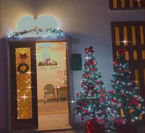 a christmas tree in a room next to a door at Carè Alto in Carisolo