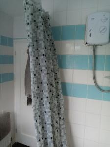 a shower curtain is hanging in a bathroom at Albany Rooms in Bexley