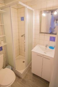 a bathroom with a shower and a toilet and a sink at A Deux Pas du Courant in Mimizan-Plage