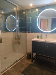 een badkamer met een douche, een wastafel en een spiegel bij L'Atelier in Saint-Laurent-Blangy