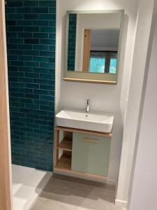 a bathroom with a sink and a mirror at De Skure: vakantiewoning op boerderij in Harelbeke