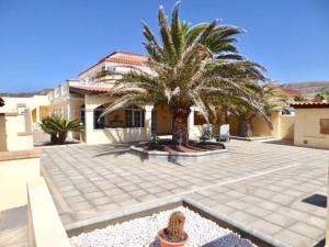 a courtyard with two palm trees in front of a house at Dein Appartement Sunset View und Meer in La Pared