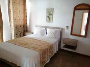a bedroom with a large bed and a mirror at Sbe Villa in Flic-en-Flac