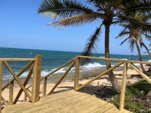 un paseo marítimo de madera en la playa con una palmera en Casita Del Mar Oceanfront Romantic Retreat In Islote, en Arecibo