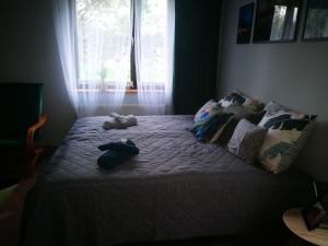 a bedroom with a bed with stuffed animals on it at Apartament u Waldemara in Łomnica
