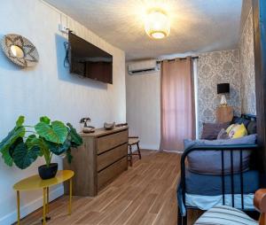 um quarto com uma cama e uma secretária com uma planta em Casa Rural La Pinara em La Adrada