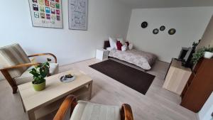 - un salon avec un canapé et une table dans l'établissement Premium Buda Castle Apartment, à Budapest