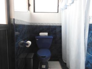 La salle de bains est pourvue de toilettes bleues et d'une fenêtre. dans l'établissement Habitación independiente a pie del lago con AC, à Tequesquitengo
