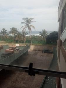 a view from a window of a parking lot with palm trees at Happy days in Amanzimtoti
