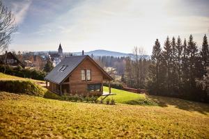 a small house on a hill in a field at Mountain chalet in Kořenov