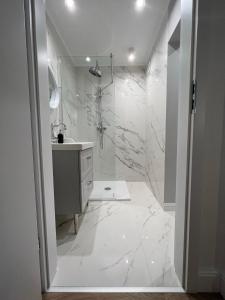 y baño blanco con lavabo y ducha. en Igart Studio en Leszno