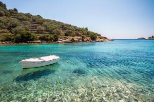 a boat in the water next to a beach at Eco Sunshine Apartments Lumbarda in Lumbarda