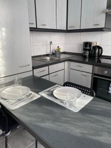 ヴィースバーデンにあるDeluxe Apartmentのカウンターに白皿2皿付きのキッチン