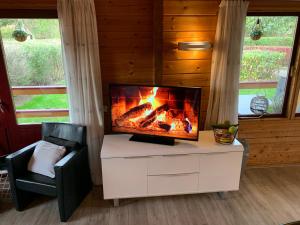 a tv sitting on a stand in a room with a fireplace at Just Relax in Gramsbergen
