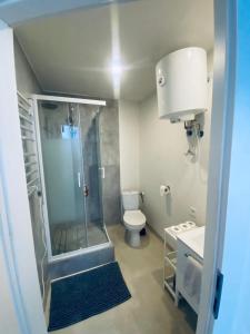 uma casa de banho com um chuveiro, um WC e um lavatório. em Chopin apartments self check-in em Varsóvia