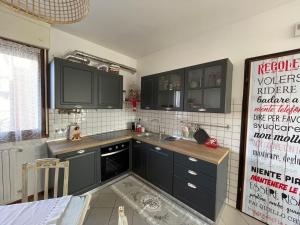 una cocina con armarios negros y fregadero en Apartment "La Balotta", en Bolonia