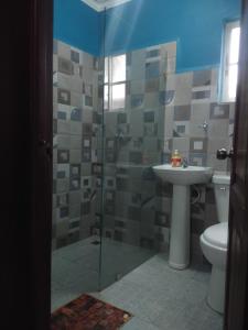 a bathroom with a shower and a sink and a toilet at M & L Shared Apartment in Punta Cana