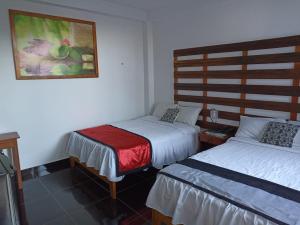 a bedroom with two beds and a picture on the wall at Hotel Rulman in Puerto Maldonado