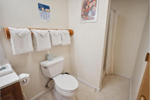 a white bathroom with a toilet and towels at Pinnacle E01 in Killington +11 photos