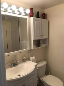 ein Badezimmer mit einem WC, einem Waschbecken und einem Spiegel in der Unterkunft Cozy Cottage House B with Double Carport in Twin Falls