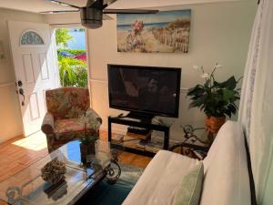 uma sala de estar com uma televisão de ecrã plano e um sofá em 4BR Downtown House Near Beach, Pet Friendly em West Palm Beach