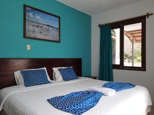 a bedroom with a bed with blue walls and a window at Hotel LA GRAN TORTUGA - ᯤ STARLINK in Puerto Villamil