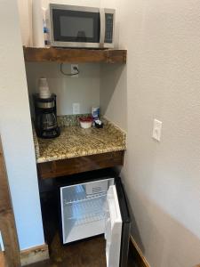 a microwave sitting on a shelf next to a refrigerator at The Woods Lodging in Kingston