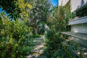 a garden path with trees and bushes next to a building at סוויטת בוטיק נטע in Neta‘im