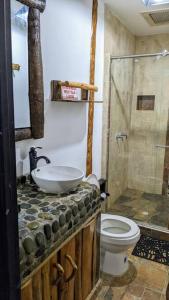 y baño con lavabo, aseo y ducha. en El Encanto Mountain Cabin, en Salento