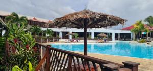 een zwembad met een parasol en mensen die in het zwembad zitten bij Studio Lucie à MANGANAO in Saint-François +17 foto's
