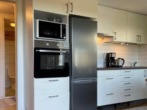 cocina con nevera de acero inoxidable y microondas en Holiday home HÅLTA en Kode