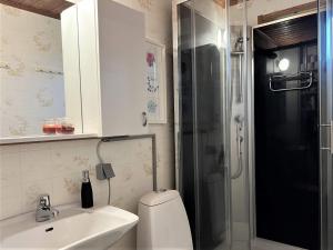 een badkamer met een toilet, een wastafel en een douche bij Holiday home Malmbäck II in Malmbäck